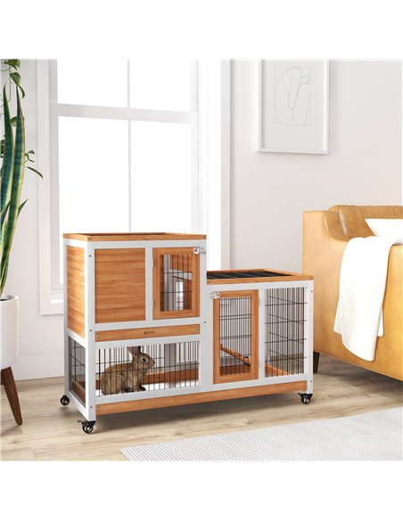 PawHut Wooden Indoor Hutch Elevated Cage w/ Wheel, Run, Yellow - pic 149950 | FastDaddyshop