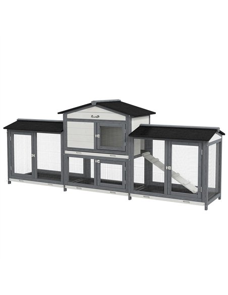 PawHut 2-Tier Large Rabbit Hutch Outdoor with Double Side Run Boxes, No-leak Plastic Tray, Ramp, 230 x 53 x 93.5cm, Light Grey - pic 149951 | FastDaddyshop