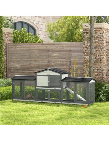 PawHut 2-Tier Large Rabbit Hutch Outdoor with Double Side Run Boxes, No-leak Plastic Tray, Ramp, 230 x 53 x 93.5cm, Light Grey
