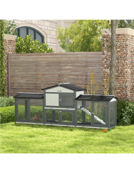 PawHut 2-Tier Large Rabbit Hutch Outdoor with Double Side Run Boxes, No-leak Plastic Tray, Ramp, 230 x 53 x 93.5cm, Light Grey - pic 149952 | FastDaddyshop