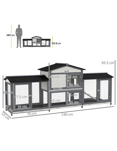 PawHut 2-Tier Large Rabbit Hutch Outdoor with Double Side Run Boxes, No-leak Plastic Tray, Ramp, 230 x 53 x 93.5cm, Light Grey