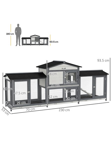 PawHut 2-Tier Large Rabbit Hutch Outdoor with Double Side Run Boxes, No-leak Plastic Tray, Ramp, 230 x 53 x 93.5cm, Light Grey - pic 149953 | FastDaddyshop