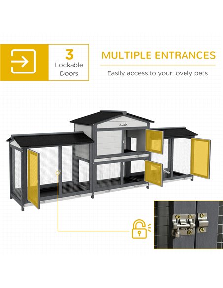 PawHut 2-Tier Large Rabbit Hutch Outdoor with Double Side Run Boxes, No-leak Plastic Tray, Ramp, 230 x 53 x 93.5cm, Light Grey - pic 149956 | FastDaddyshop