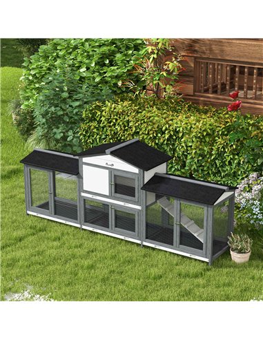 PawHut 2-Tier Large Rabbit Hutch Outdoor with Double Side Run Boxes, No-leak Plastic Tray, Ramp, 230 x 53 x 93.5cm, Light Grey