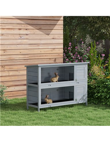 PawHut Rabbit Hutch Outdoor Guinea Pig Hutch Bunny Cage with No-Leak Trays, Divider, 136 x 50 x 93cm, Grey