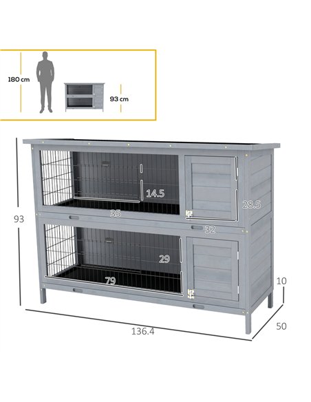 PawHut Rabbit Hutch Outdoor Guinea Pig Hutch Bunny Cage with No-Leak Trays, Divider, 136 x 50 x 93cm, Grey - pic 149962 | FastDaddyshop