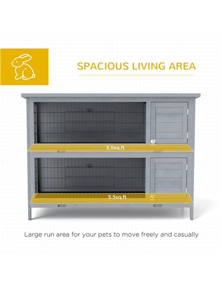PawHut Rabbit Hutch Outdoor Guinea Pig Hutch Bunny Cage with No-Leak Trays, Divider, 136 x 50 x 93cm, Grey - pic 149963 | FastDaddyshop