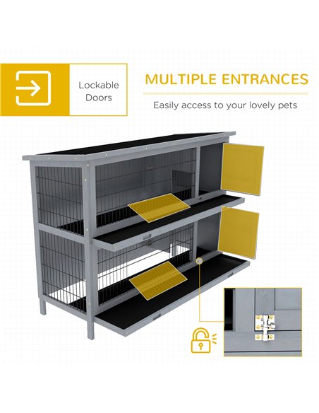 PawHut Rabbit Hutch Outdoor Guinea Pig Hutch Bunny Cage with No-Leak Trays, Divider, 136 x 50 x 93cm, Grey - pic 149964 | FastDaddyshop