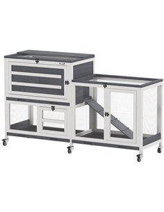 PawHut Wooden Rabbit Hutch with Run, 2-Tier Guinea Pig Hutch with Run, Wheels, 3 Plastic Trays, 2 Openable Top, for 2-3 Rabbits