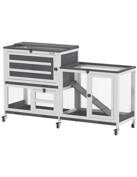 PawHut Wooden Rabbit Hutch with Run, 2-Tier Guinea Pig Hutch with Run, Wheels, 3 Plastic Trays, 2 Openable Top, for 2-3 Rabbits - pic 149969 | FastDaddyshop
