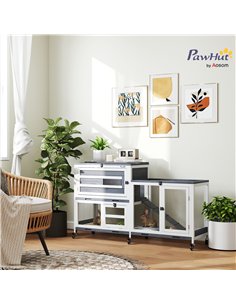 PawHut Wooden Rabbit Hutch with Run, 2-Tier Guinea Pig Hutch with Run, Wheels, 3 Plastic Trays, 2 Openable Top, for 2-3 Rabbits 2