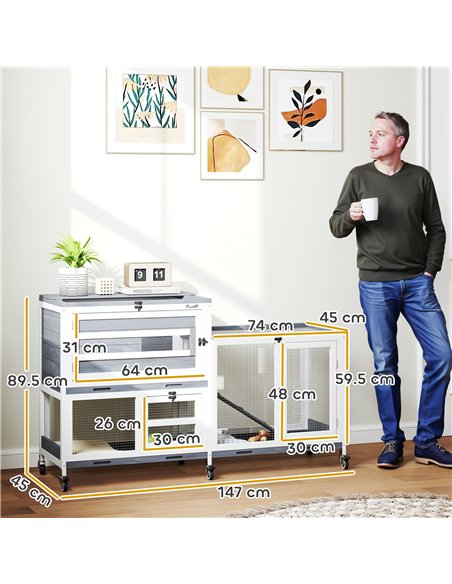 PawHut Wooden Rabbit Hutch with Run, 2-Tier Guinea Pig Hutch with Run, Wheels, 3 Plastic Trays, 2 Openable Top, for 2-3 Rabbits - pic 149971 | FastDaddyshop