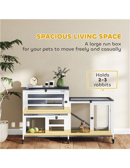 PawHut Wooden Rabbit Hutch with Run, 2-Tier Guinea Pig Hutch with Run, Wheels, 3 Plastic Trays, 2 Openable Top, for 2-3 Rabbits - pic 149972 | FastDaddyshop