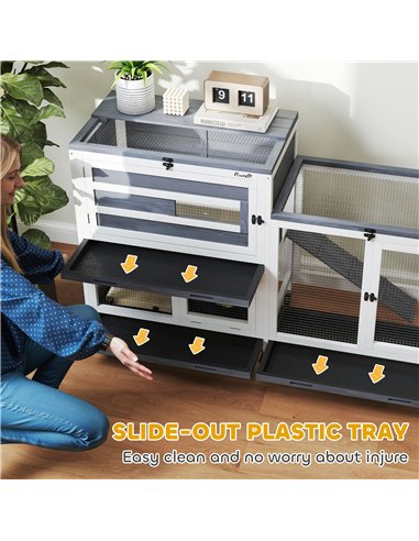 PawHut Wooden Rabbit Hutch with Run, 2-Tier Guinea Pig Hutch with Run, Wheels, 3 Plastic Trays, 2 Openable Top, for 2-3 Rabbits