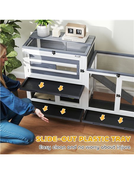 PawHut Wooden Rabbit Hutch with Run, 2-Tier Guinea Pig Hutch with Run, Wheels, 3 Plastic Trays, 2 Openable Top, for 2-3 Rabbits - pic 149973 | FastDaddyshop