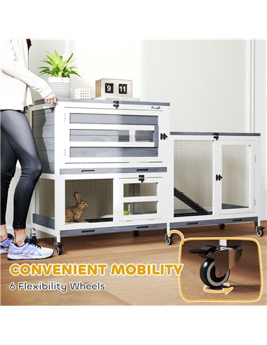 PawHut Wooden Rabbit Hutch with Run, 2-Tier Guinea Pig Hutch with Run, Wheels, 3 Plastic Trays, 2 Openable Top, for 2-3 Rabbits