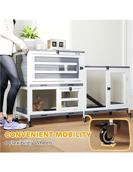 PawHut Wooden Rabbit Hutch with Run, 2-Tier Guinea Pig Hutch with Run, Wheels, 3 Plastic Trays, 2 Openable Top, for 2-3 Rabbits - pic 149974 | FastDaddyshop