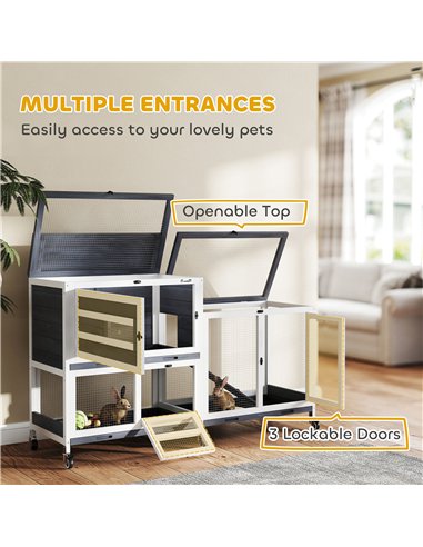 PawHut Wooden Rabbit Hutch with Run, 2-Tier Guinea Pig Hutch with Run, Wheels, 3 Plastic Trays, 2 Openable Top, for 2-3 Rabbits