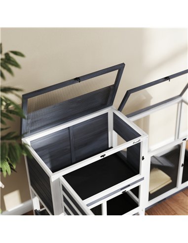 PawHut Wooden Rabbit Hutch with Run, 2-Tier Guinea Pig Hutch with Run, Wheels, 3 Plastic Trays, 2 Openable Top, for 2-3 Rabbits