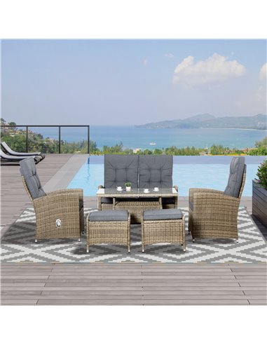 Outsunny 6 Pieces PE Rattan Dining Set with Dining Table and Chaise Lounge Chair, Mixed Grey
