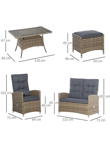 Outsunny 6 Pieces PE Rattan Dining Set with Dining Table and Chaise Lounge Chair, Mixed Grey