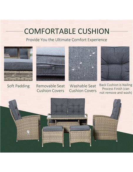Outsunny 6 Pieces PE Rattan Dining Set with Dining Table and Chaise Lounge Chair, Mixed Grey - pic 15006 | FastDaddyshop
