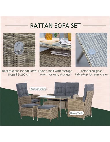 Outsunny 6 Pieces PE Rattan Dining Set with Dining Table and Chaise Lounge Chair, Mixed Grey