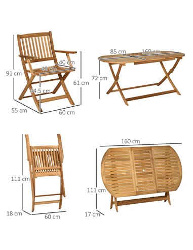 Outsunny 7 Piece Wooden Garden Dining Set with Umbrella Hole, Folding Table and Armchairs, Teak