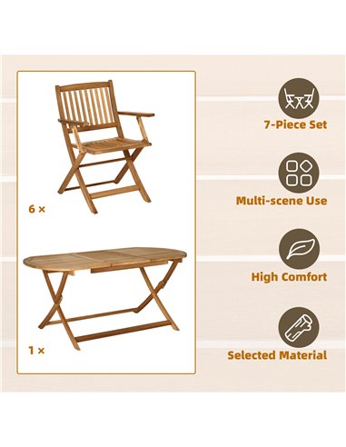 Outsunny 7 Piece Wooden Garden Dining Set with Umbrella Hole, Folding Dining Table and Armchairs with Parasol Hole, Teak