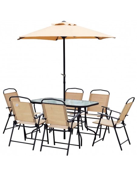 Outsunny 8 Pcs Dining Set with Umbrella, Textilene, Beige - pic 15021 | FastDaddyshop