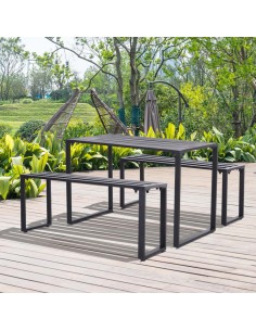 Outsunny Outdoor 3 PCs Metal Picnic Table and 2 Benches Dining Set, Black 2