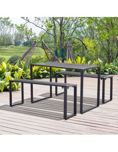 Outsunny Outdoor 3 PCs Metal Picnic Table and 2 Benches Dining Set, Black