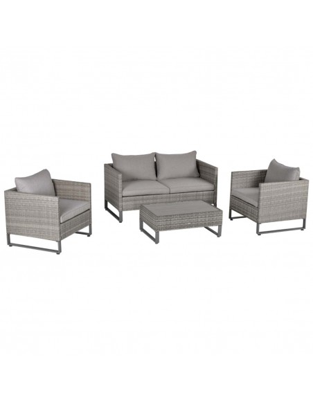Outsunny 4 Pieces PE Rattan Garden Furniture with Cushion, Glass Top Coffee Table, Grey - pic 15029 | FastDaddyshop