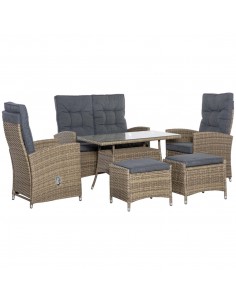 Outsunny 6 Pieces PE Rattan Dining Set with Dining Table and Chaise Lounge Chair, Mixed Grey