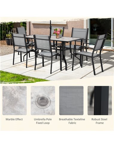 Outsunny 7 Piece Garden Dining Set with Armchairs, Table and Parasol Hole, Grey