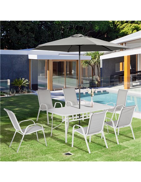 Outsunny 7 Piece Garden Dining Set with Table, Chairs and Parasol Hole, Grey - pic 15040 | FastDaddyshop