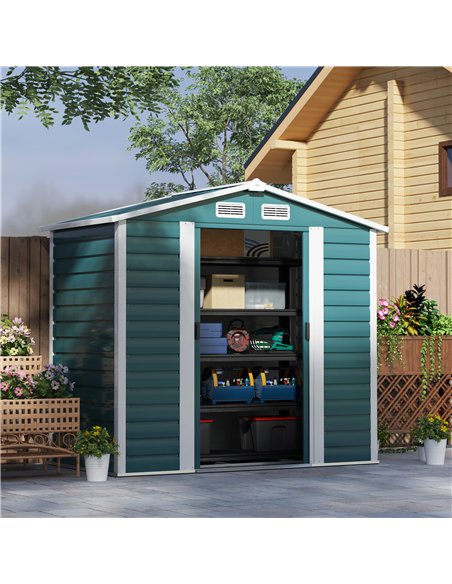 Outsunny 7 x 4ft Garden Shed, Easy to Assemble, Upgraded Galvanised Steel Frame with Foundation Kit, Double Doors with Lock, Out - pic 150425 | FastDaddyshop