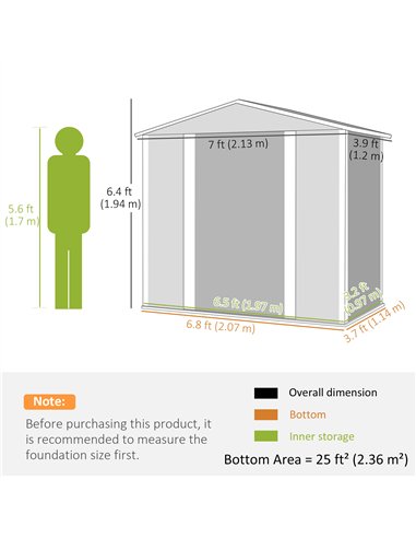 Outsunny 7 x 4ft Garden Shed, Easy to Assemble, Upgraded Galvanised Steel Frame with Foundation Kit, Double Doors with Lock, Out