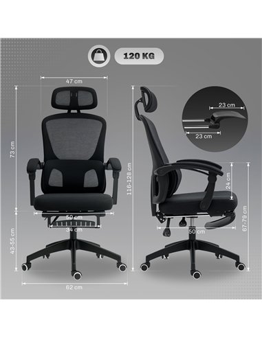 HOMCOM Ergonomic Office Chair, Mesh High Back Desk Chair with Adjustable Lumbar Support and Headrest, Footrest, Reclining Execut