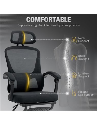 HOMCOM Ergonomic Office Chair, Mesh High Back Desk Chair with Adjustable Lumbar Support and Headrest, Footrest, Reclining Execut