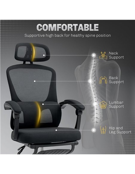 HOMCOM Ergonomic Office Chair, Mesh High Back Desk Chair with Adjustable Lumbar Support and Headrest, Footrest, Reclining Execut - pic 150544 | FastDaddyshop