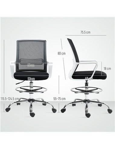 HOMCOM Draughtsman Chair, Mesh Drafting Chair, Ergonomic Office Chair with Lumbar Support, Adjustable Foot Ring, Black