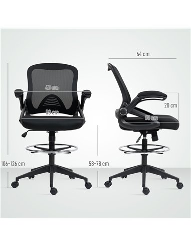 Vinsetto Drafting Chair with Flip-up Armrest, Mesh Office Stool with Foot Ring, 360° Swivel Height Adjustable Chair for Standing
