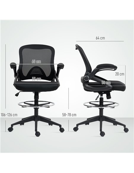 Vinsetto Drafting Chair with Flip-up Armrest, Mesh Office Stool with Foot Ring, 360° Swivel Height Adjustable Chair for Standing - pic 150624 | FastDaddyshop