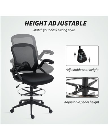 Vinsetto Drafting Chair with Flip-up Armrest, Mesh Office Stool with Foot Ring, 360° Swivel Height Adjustable Chair for Standing