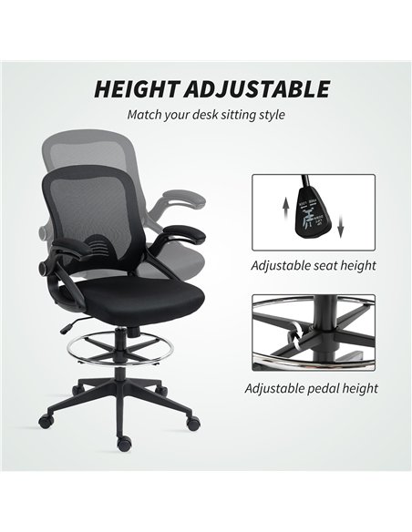 Vinsetto Drafting Chair with Flip-up Armrest, Mesh Office Stool with Foot Ring, 360° Swivel Height Adjustable Chair for Standing - pic 150625 | FastDaddyshop