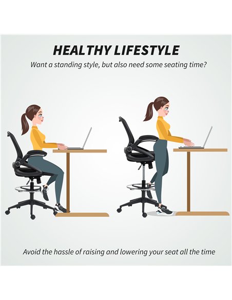 Vinsetto Drafting Chair with Flip-up Armrest, Mesh Office Stool with Foot Ring, 360° Swivel Height Adjustable Chair for Standing - pic 150626 | FastDaddyshop