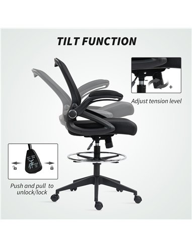 Vinsetto Drafting Chair with Flip-up Armrest, Mesh Office Stool with Foot Ring, 360° Swivel Height Adjustable Chair for Standing