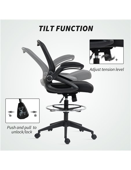 Vinsetto Drafting Chair with Flip-up Armrest, Mesh Office Stool with Foot Ring, 360° Swivel Height Adjustable Chair for Standing - pic 150627 | FastDaddyshop