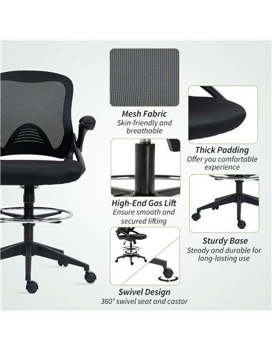 Vinsetto Drafting Chair with Flip-up Armrest, Mesh Office Stool with Foot Ring, 360° Swivel Height Adjustable Chair for Standing